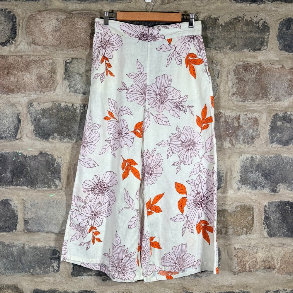 Rachel Roy Women's Linen Floral Wide Leg Cropped Pants M Beige Orange Purple